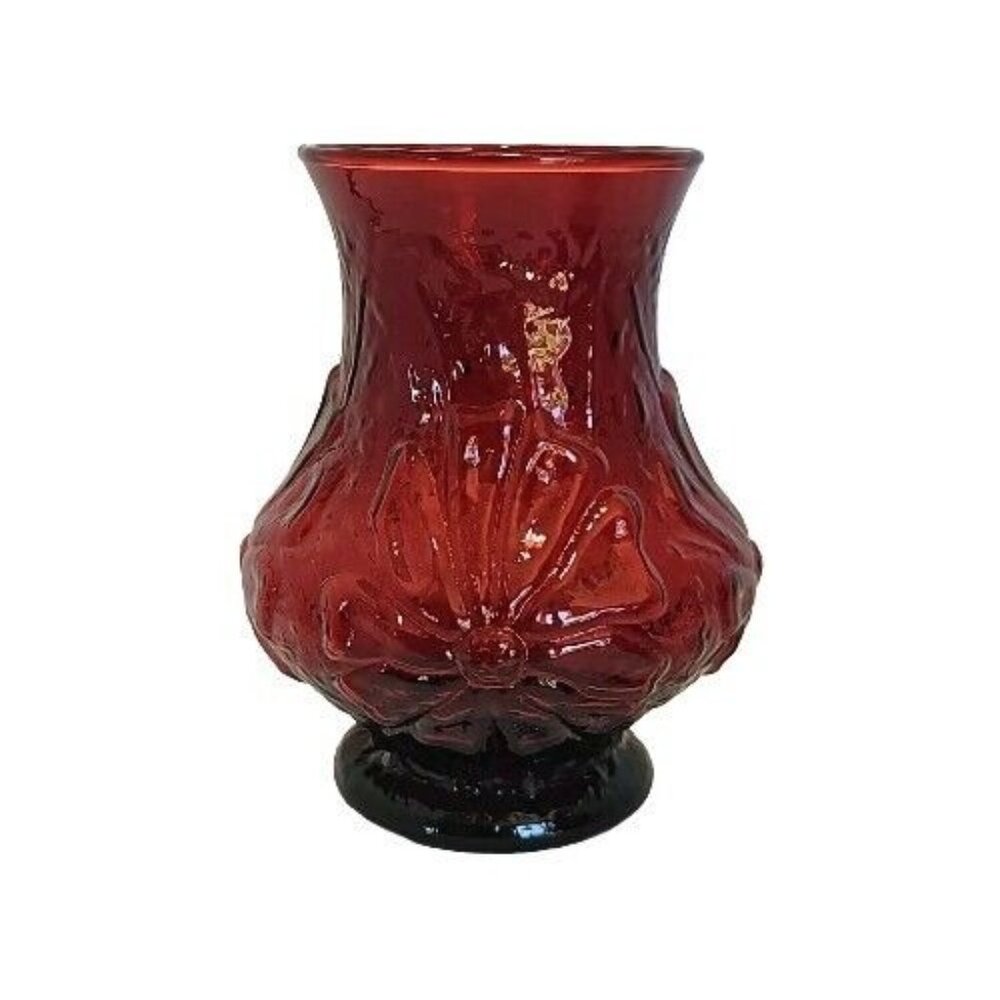 Anchor Hocking Rainflower Ruby Vase 5.5" floral red glass raised relief cosmos